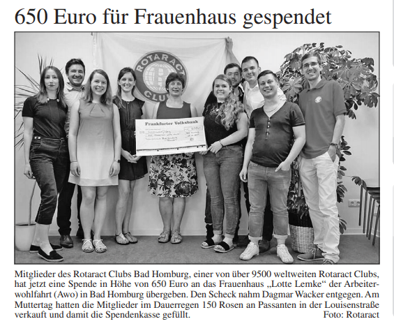 Nach einem erfolgreichen Rosenverkauf auf der Louisenstraße konnte der Rotaract Club Bad Homburg (rac-hg) dem Frauenhaus in Bad Homburg eine Spende überreichen